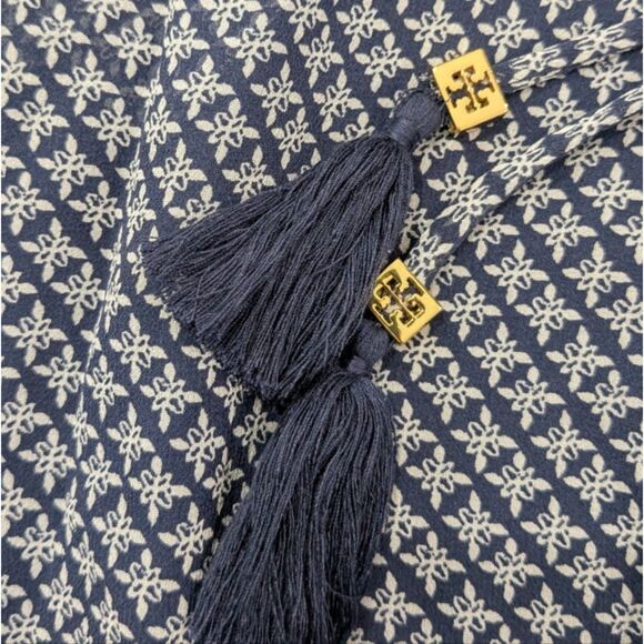 Tory Burch Silk Gauze Jumpsuit Scoop Neck Sleeveless Navy Geo Print Tassels M - Picture 10 of 13